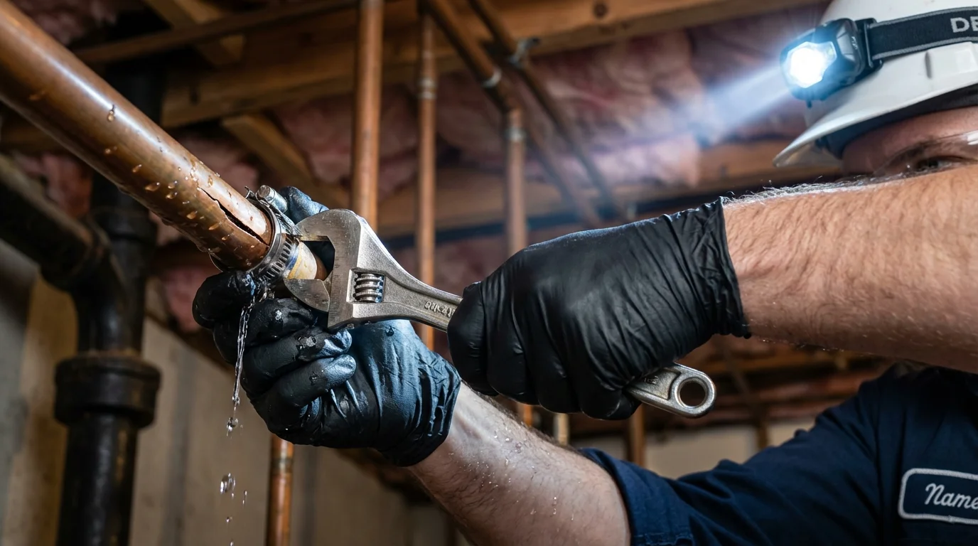 Emergency pipe clamp repair being performed by a Johns Plumbing LLC plumber in Lovington