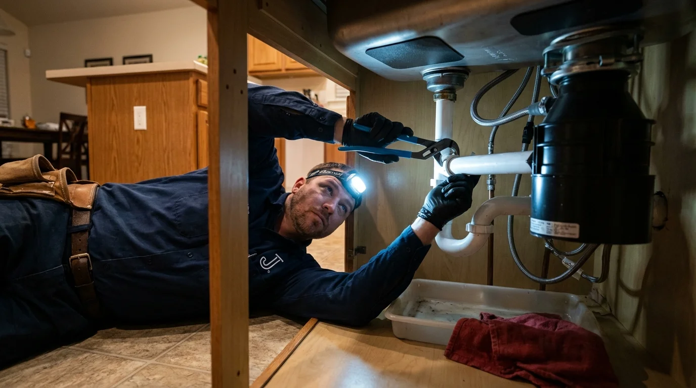 P-trap and supply line connections under a kitchen sink showing a common leak point in Lovington, NM